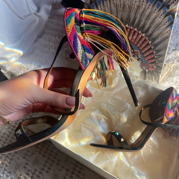 Valentino Black Suede Rockstud
Rolling Muticolor Fringe Sandals - Picture 2 of 5